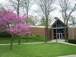 Shorewood-Troy Public Library, Shorewood, Illinois. At the left, some kind of redbud tree in bloom.