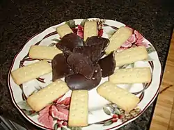 Chocolate-covered potato chips (center), with shortbread cookies around them