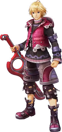 Artwork of Shulk, a young, blond man wearing a wine red vest and carrying a red sword