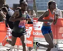 Left: Shura Kitata running at the 2018 London Marathon. Right: Brigid Kosgei running at the same event.