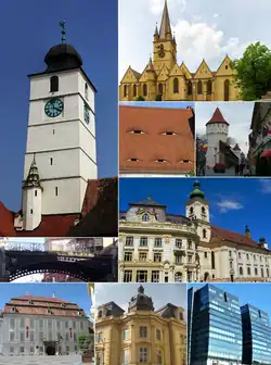 From top, left to right: Council Tower (town symbol) • Lutheran Cathedral • Eyes of Sibiu • Medieval fortifications • Bridge of Lies • Town hall and Jesuit Church • Brukenthal Palace • Neo-Baroque palace • modern high-rise buildings