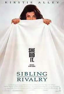 A woman holding a white sheet in front of her, hiding everything below her nose. The tagline reads "She did it"