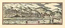 Siegen in 1617. From Braun & Hogenberg, Civitates orbis terrarum Band 6, Cologne, 1617. On the left Siegen Castle.