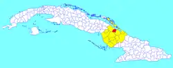 Sierra de Cubitas municipality (red) within  Camagüey Province (yellow) and Cuba