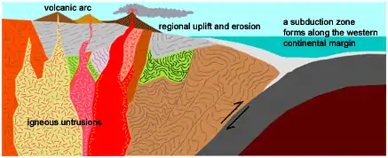 Plate convergence along the continental margin produced a volcanic arc system throughout the Sierra Nevada and Mojave region roughly 250 million to about 60 million years ago.