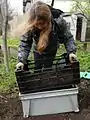 Sieving earth for demonstration meadow