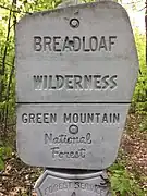 A signpost at the edge of the Breadloaf Wilderness in the Green Mountain National Forest