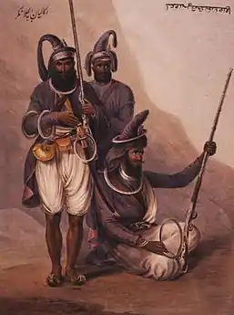 Nihang Abchal Nagar (Nihangs from Hazur Sahib), 1844. Shows turban-wearing Sikh soldiers with chakrams.