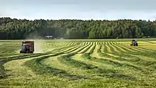 Two red harvesters on a green field, with curved rows of darker material between them. Behind them lies a wooded rise