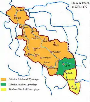 Silesia 1172–77: Fragmentation begins with Opole (green) and Racibórz (yellow) splitting off