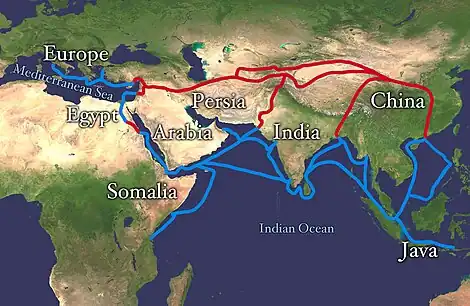 Image 23The economically important Silk Road was blocked from Europe by the Ottoman Empire in c. 1453 with the fall of the Byzantine Empire. This spurred exploration, and a new sea route around Africa was found, triggering the Age of Discovery. (from Indian Ocean)