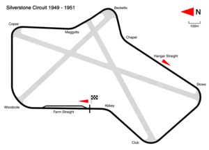 1949 to 1951: The circuit was now run on the airfield perimeter roads. Track length: 4.649 km. Lap record: José Froilán González, Ferrari, 1:43.4 (1951 British Grand Prix).