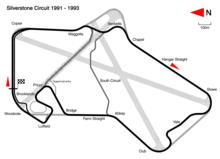 1991 to 1994: Major redesign to the circuit: Copse radius increased; Maggotts and Becketts esses; Stowe, Vale and Club complex; elevation change beyond Abbey; and Bridge, Priory, Brookands and Luffield complex. Track length: 5.226 km. Lap record: Nigel Mansell, Williams-Renault, 1:18.965 (1992 British Grand Prix).