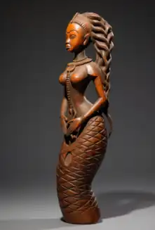 There is a small, wooden statue of a Simbi, which is a Kongo water spirit. A side view. She has a long braided ponytail falling over her left shoulder. She is wearing a Bantu-style collar necklace. Her hands are crossed in front of her at her waist, one over the other. Below her waist, she has a mermaid body that has the pattern of mermaid scales like a fish. The statue ends halfway down. There is no tail.