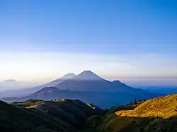 View of Mount Sindoro and Mount Sumbing from the peak of Mount Prau in Wonosobo