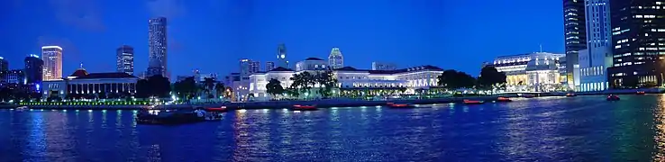 The Parliament House (left) and Empress Place Building (centre) along North Boat Quay Promenade, and The Fullerton Hotel (right) at Boat Quay at night