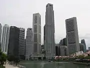 Six Battery Road (brown building on left) is in many photographs of the Singapore skyline.