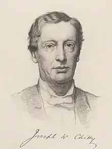 An engraving of a man with a haircut parted to the viewer's right, as well as somewhat gaunt facial features, dressed in somewhat formal attire looking at the viewer. A cursive "Joseph W Chitty", presumably Chitty's signature, is below the engraving.