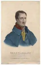 Color print shows a man wearing a blue-grey cloak, open at the collar.