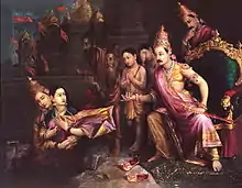 Sita entering the Earth with her mother Bhumi after a feud with her husband Rama.