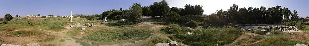 A view of a landscape rising to a hilltop covered with small trees. There are many small hollows, ridges and tracks. The landscape is littered with the remains of marble buildings, including a single column standing to the left.