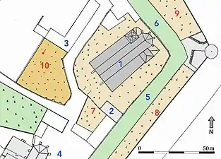 Location map: 1. Theodorskirche 2. Allerheiligenkapelle (All Saints′ chapel)   3. Vicarage   4. Kartausgasse  5. Theodorsgraben  6. Claragraben  7. Special cemetery   8. «Kleeacker» cemetery  9. «Mättelein» cemetery  10. «Merianscher Totenacker» with Theo's grave