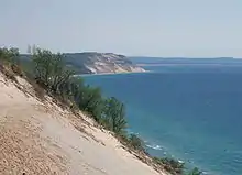 Looking south from Sleeping Bear Dunes toward Empire Bluffs and the southern portion of the National Lakeshore in Benzie County