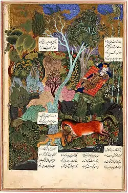 Rustam sleeps, while his horse Rakhsh fends off a tiger.  Probably an early work by Sultan Mohammed, 1515–20