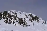 The summit of San Jacinto Peak covered by a cornice formed by wind-blown snow