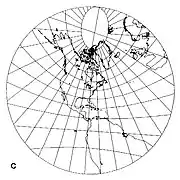 Fig 4. Gnomonic projection centred on  latitude 40 deg North