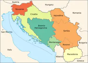 Colour-coded map of Yugoslavia