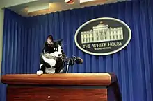 Socks at the lectern in the White House Press Briefing Room