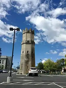 Solano County courthouse tower in parking lot