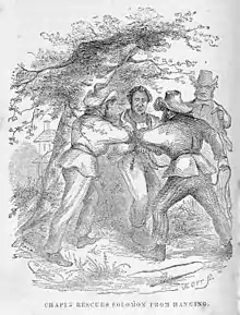 An illustration from Twelve Years A Slave, the memoir of Solomon Northup, 1853: "Rescues Solomon from Hanging".