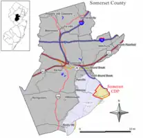 Map of Somerset CDP highlighted within Somerset County. Right: Location of Somerset County in New Jersey.