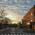 Elm Street at sunrise, theatre visible on the right