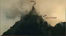 A spire of lava on top of the lava dome of Soufrière Hills volcano