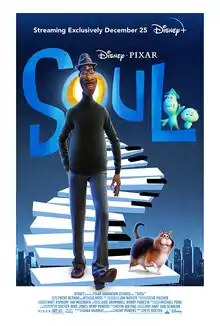 The poster shows Joe Gardner in his human form walking down piano key-esque stairs with a cat and buildings of New York City as a backdrop. On the letter "L" in the film's logo, Joe's soul form is standing next to 22. On top, the film's release date, along with credits on the bottom.