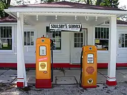 Two types of Shell gasoline pumps at Soulsby Service Station in Mount Olive, Illinois.