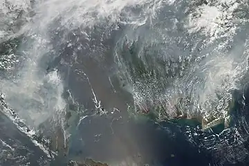 An image captured on 1 October 2006 by the Aqua MODIS satellite that shows the extent of the fires and resulting haze.