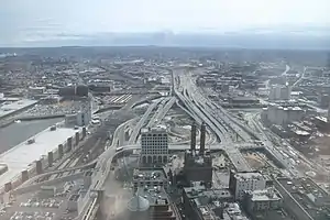 The South Bay interchange (looking south) to the Southeast Expressway with Great Blue Hill visible in the background