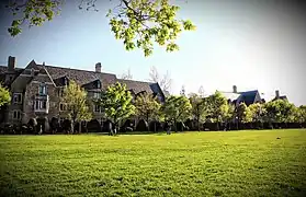 View of both Alumni and Dillon Hall on Notre Dame's South Quad.