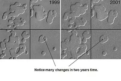 Changes in south polar surface from 1999 to 2001, as seen by Mars Global Surveyor.