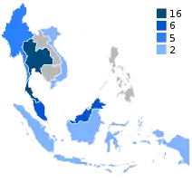 Map shows the number of country which won the tournament by using colour indicator (1959–present).