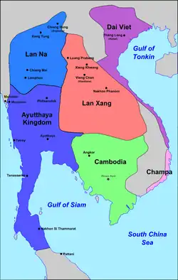 Extent of Lan Na's zone of influence (dark blue), c. 1400.