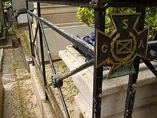 Sons of Confederate Veterans Southern Cross of Honor marker at the grave of Confederate States Secretary of State Judah Philip Benjamin at the Père Lachaise Cemetery in Paris, France