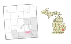 Location within Oakland County showing the administered villages of Franklin (1), Bingham Farms (2), and Beverly Hills (3), with the remaining unincorporated area in red