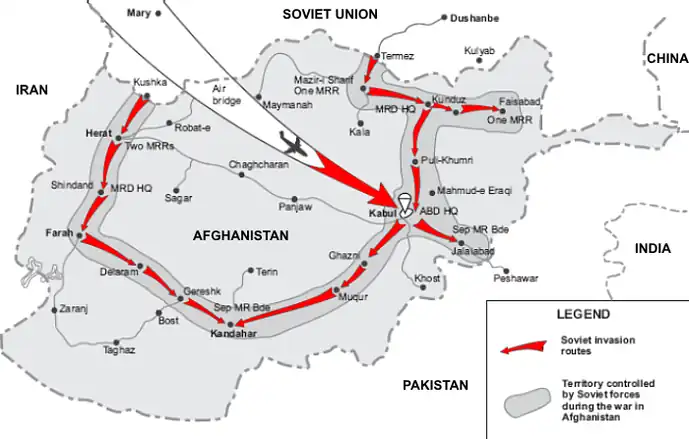 Map, showing Khabarov′s air assault battalion route, from the Soviet-Afghani border to the Salang Pass, through Mazar-i-Sharif, Kunduz, and Puli Khumri.