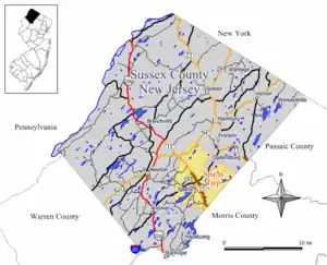 Map of Sparta Township in Sussex County. Inset: Location of Sussex County highlighted in the State of New Jersey.