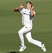 Spencer Johnson bowling for South Australia in the Sheffield Shield